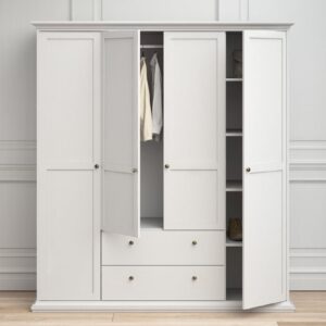 Paroya Wooden Wardrobe With 4 Doors 2 Drawers In White