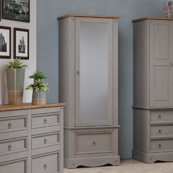 Consett Wooden Wardrobe With 1 Door 1 Drawer In Grey And Oak