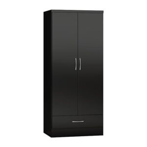 Mack Wooden Wardrobe With 2 Doors 1 Drawer Black Gloss Front